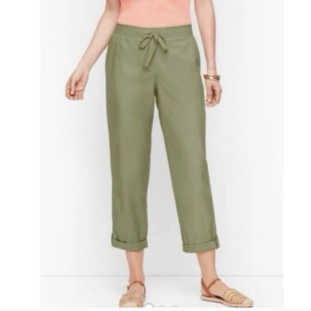 12P Talbots Petites‎ Green Cotton Tencel Blend Crop Drawstring Waist Pants